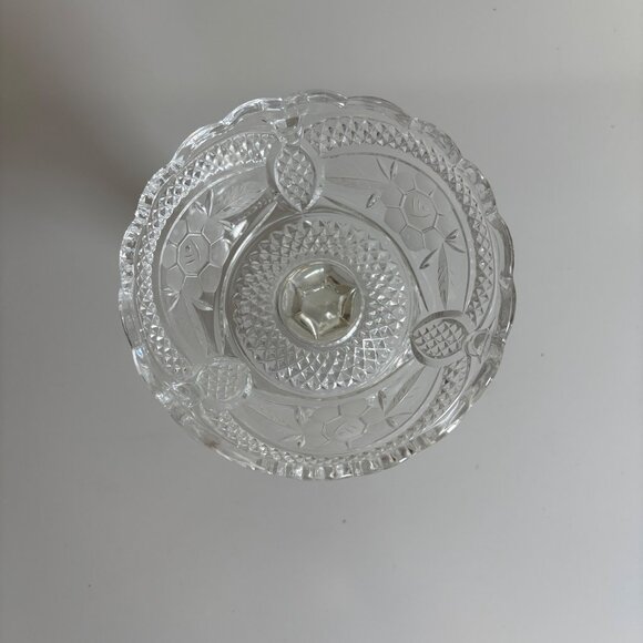 Floral Etched Glass Pedestal Candy Dish Diamond Cut Scallop Edge Vintage 4.5in - Picture 3 of 5